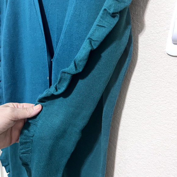 Anne Klein Cardigan Teal Green women's L Ruffle Sleeves button front long length - Picture 3 of 8